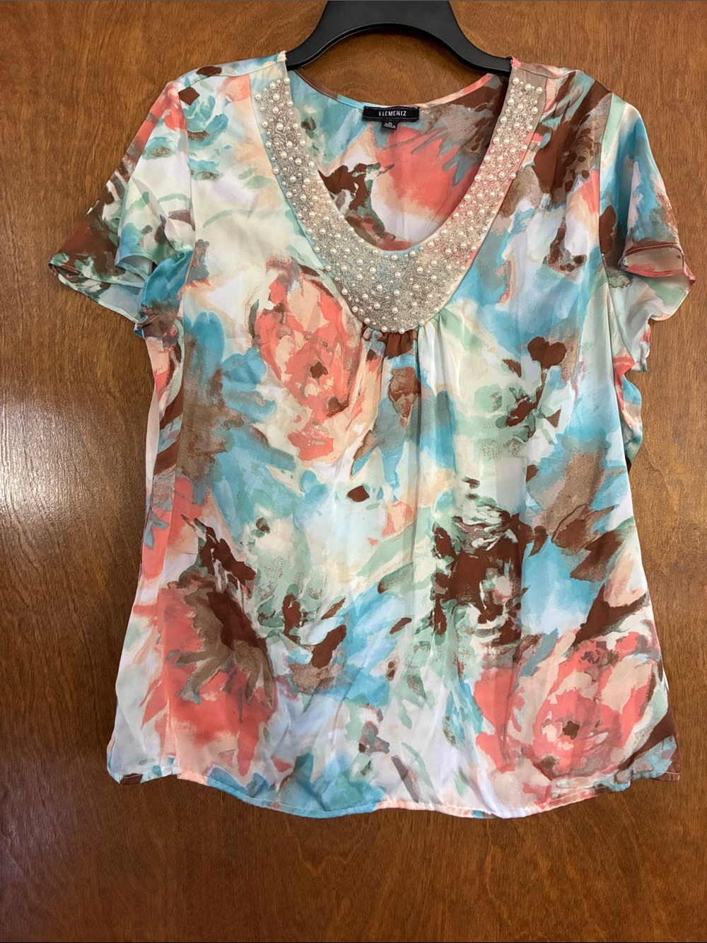 Elementz Coral Teal Brown Pearl-Trim Floral Blouse XL